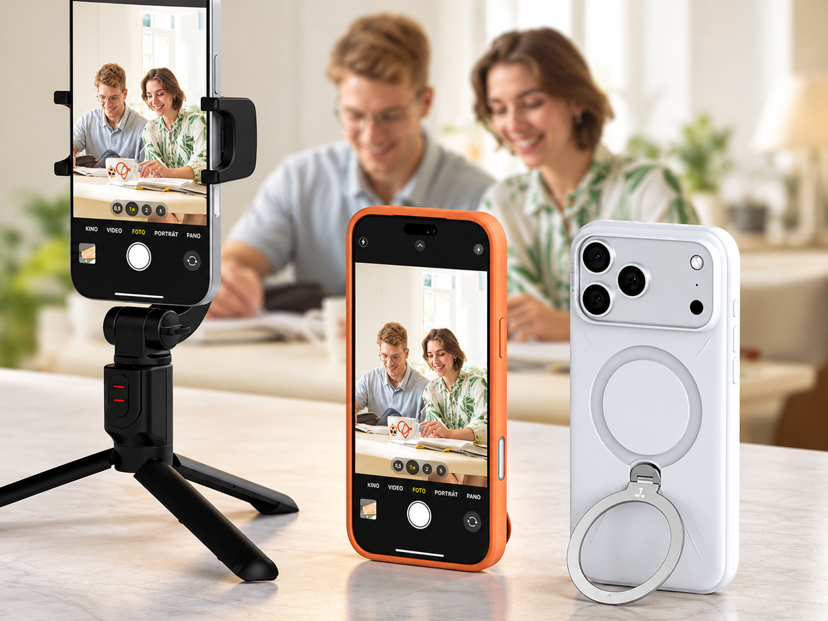 Zwei iPhones auf Stativen während eines Videoanrufs, weiße Hülle mit Magnetring