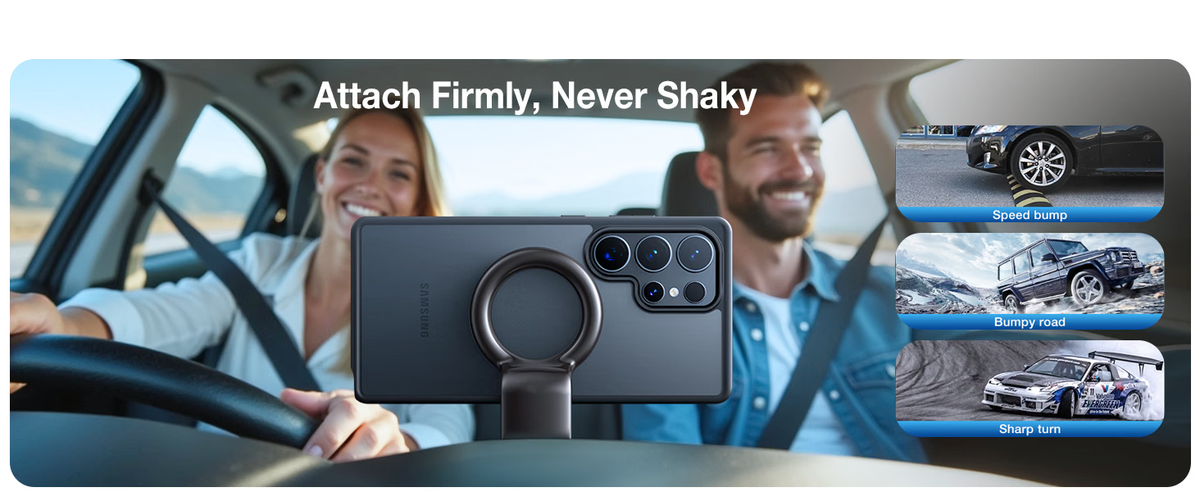 Zwei Personen im Auto mit magnetisch befestigter Galaxy-Hülle am Lüftungshalter