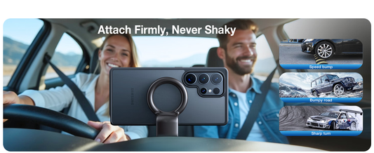 Zwei Personen im Auto mit magnetisch befestigter Galaxy-Hülle am Lüftungshalter