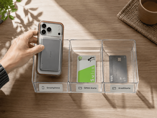Hand hält ein iPhone mit magnetischem Kartenhalter über einer Ablage mit Kartenfächern