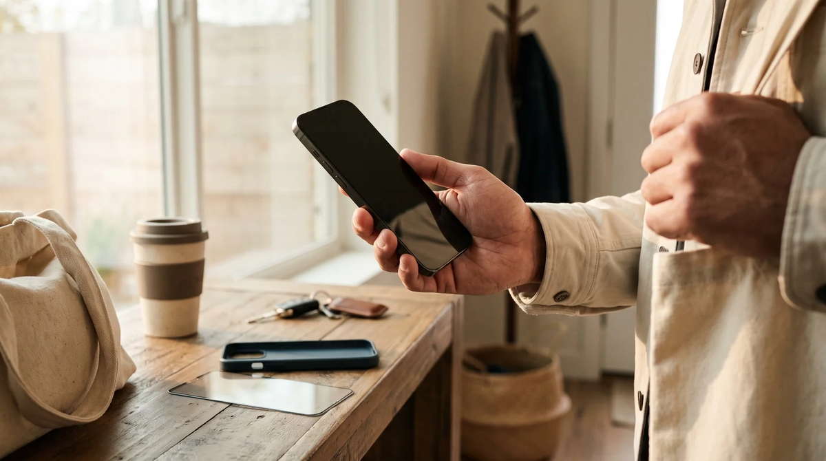 Mann hält ein schwarzes iPhone am Tisch mit Kaffeetasse und Handyständer