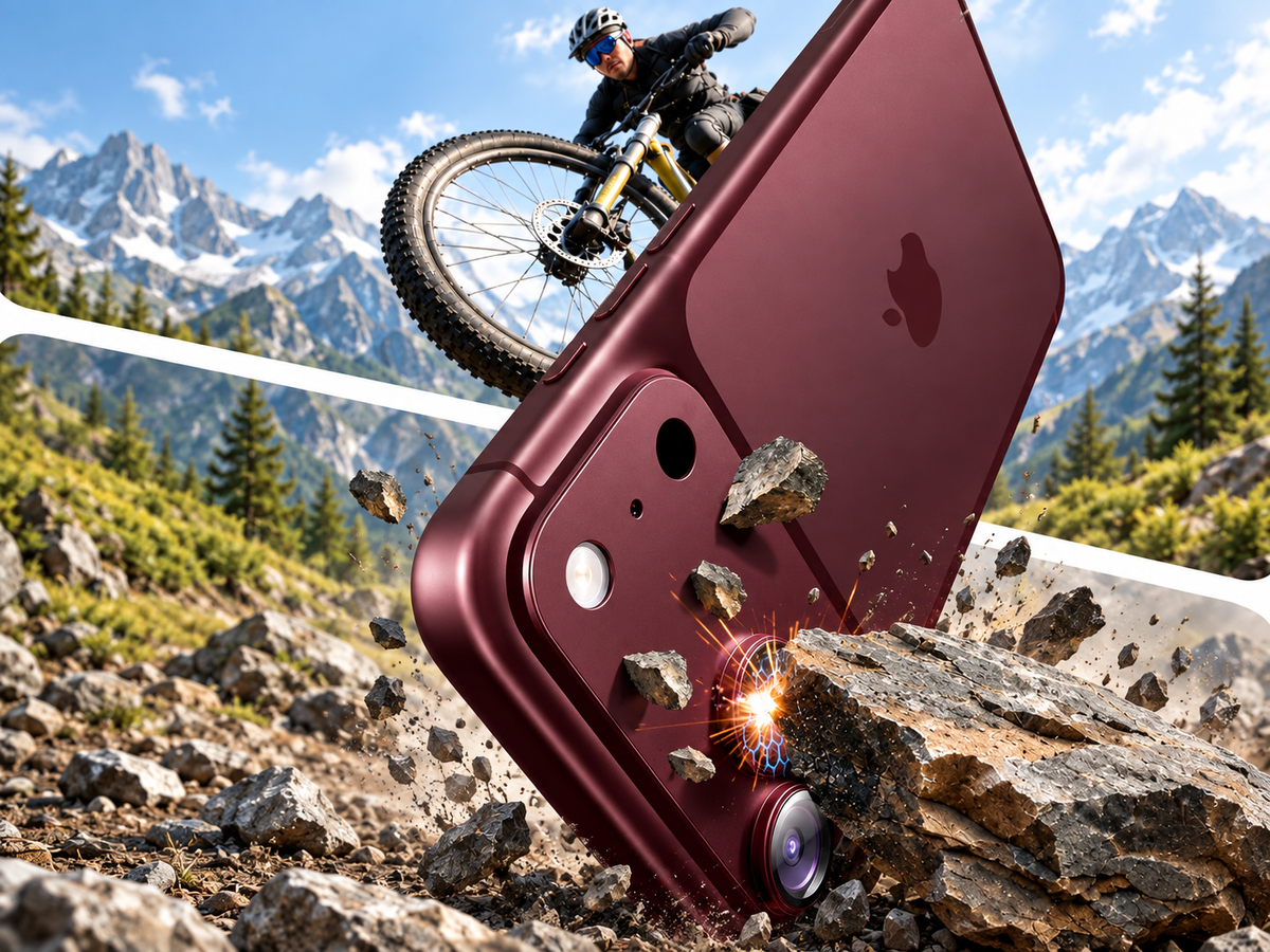 Magentafarbenes iPhone 18 Pro Max mit Kameraschutz auf Steinen, Fahrrad im Hintergrund