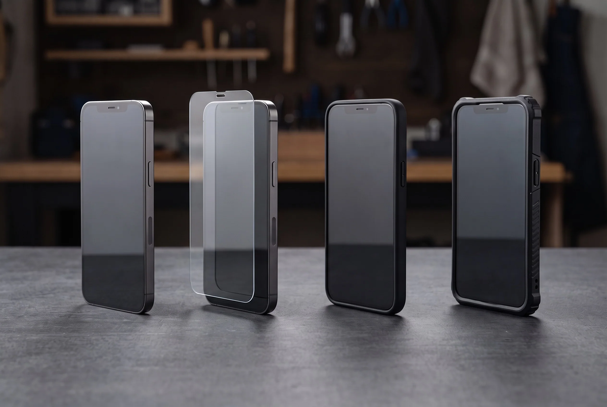 Vier aufrecht stehende iPhones mit aufgelegtem Panzerglas nebeneinander
