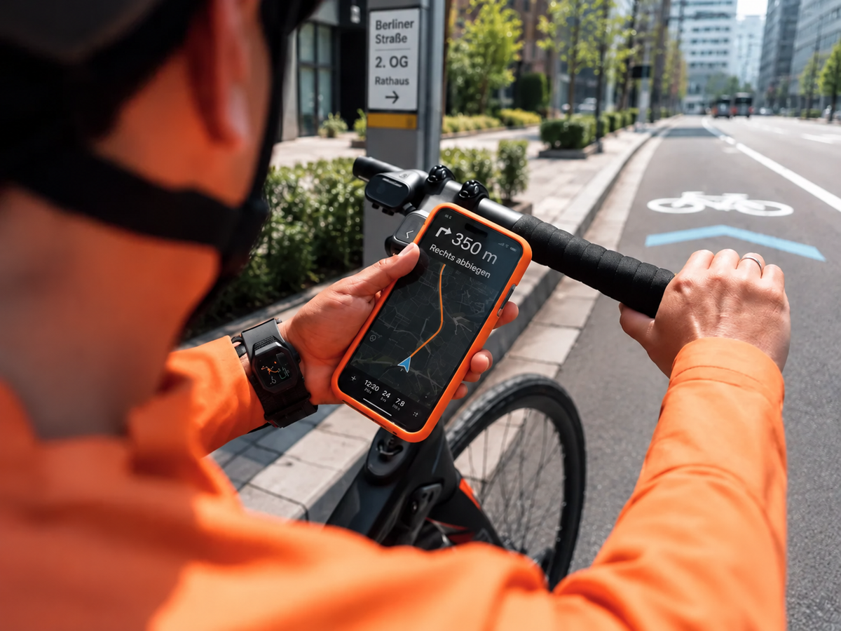 Radfahrer prüft während der Fahrt das iPhone in der Lenkerhalterung in der Stadt