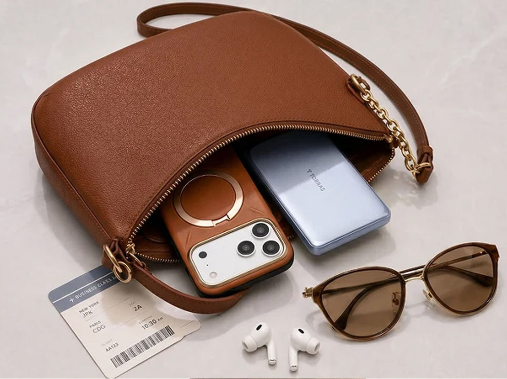 Braune Ledertasche mit blauem iPhone, oranger Hülle, Sonnenbrille und kabellosen Kopfhörern
