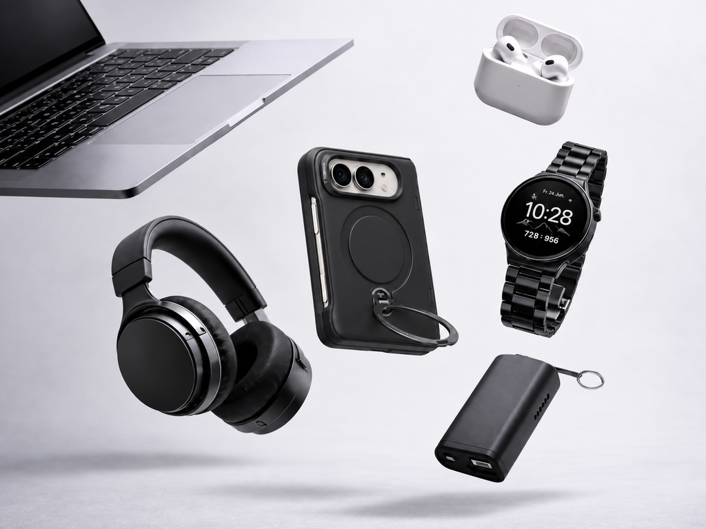 Flatlay mit schwarzer Hülle mit Ring, Kopfhörern, Smartwatch, Powerbank und Notebook