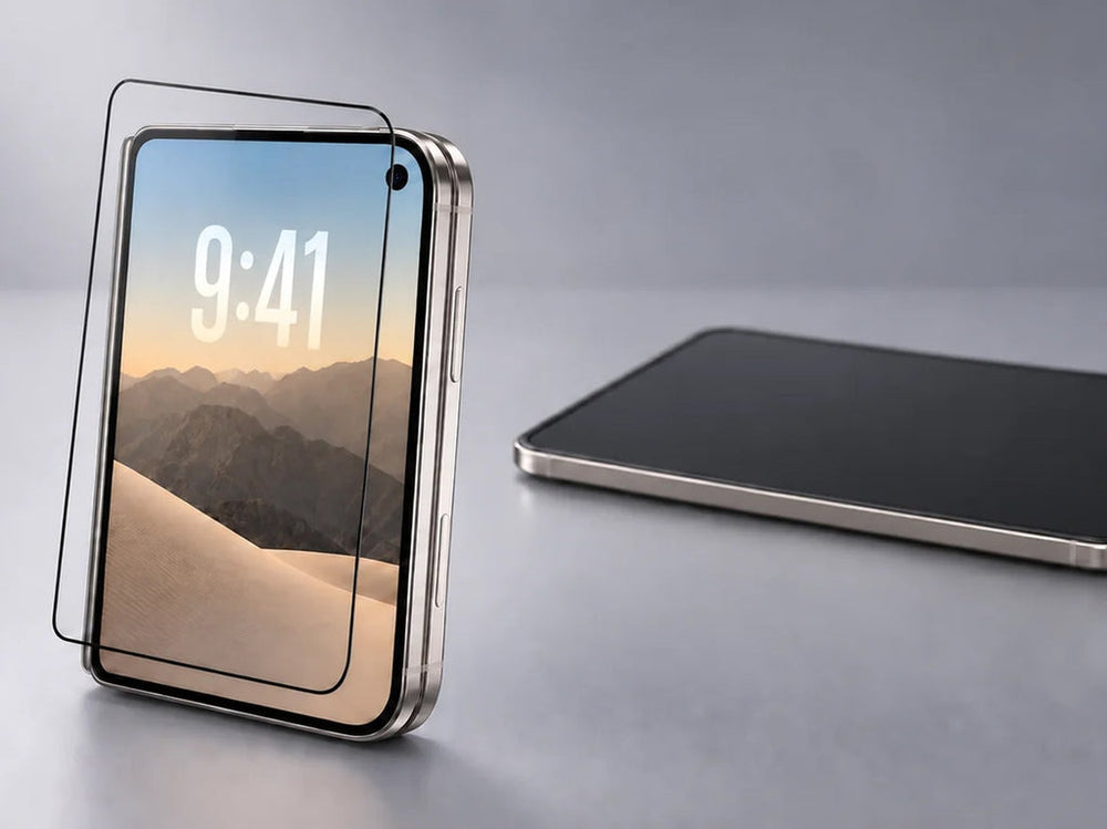 iPhone mit montiertem Displayschutz neben einer zweiten Glasfolie auf grauem Untergrund