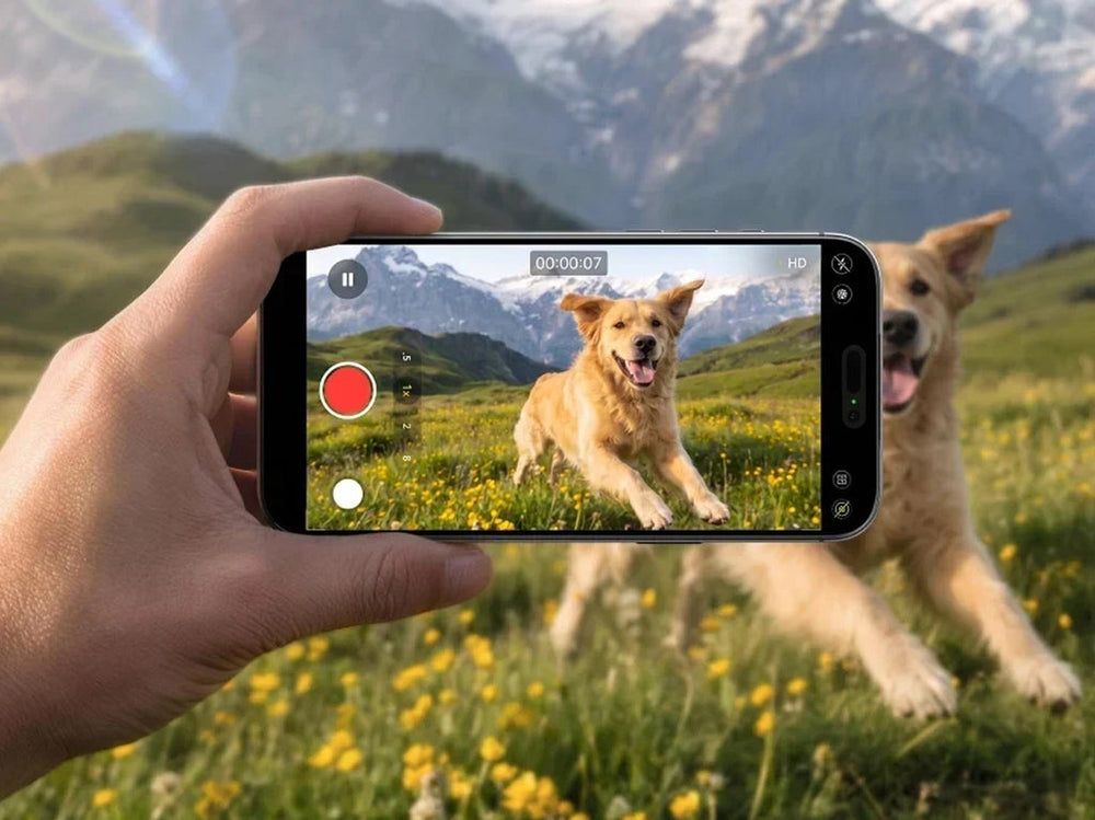 Hand filmt mit dem iPhone einen Welpen auf einer Bergwiese
