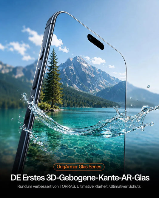iPhone 17 Pro Max Panzerglas mit 3D gebogener Kante, AR-Glas und Wasserschutz vor Bergsee-Hintergrund