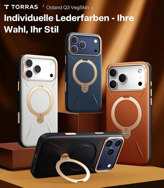 TORRAS Ostand Q3 VegSkin iPhone-17-Pro-Hüllen in Weiß, Blau, Braun und Schwarz mit MagSafe-Ringständer