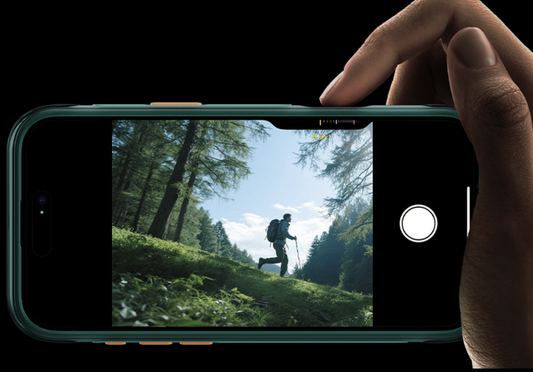 Smartphone mit dunkelgrünem Bumper zeigt eine Waldlandschaft mit Wanderer auf dem Display