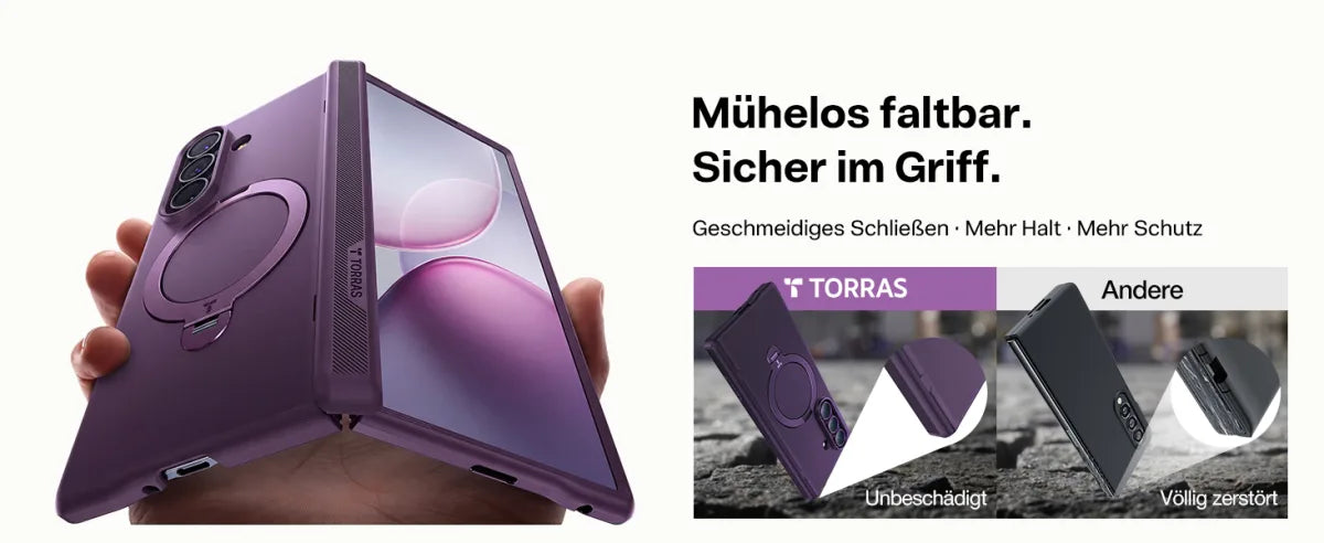 Violette Galaxy-Z-Fold-Hülle mit Magnetring, darunter Vergleich zwischen unbeschädigter und beschädigter Hülle nach dem Falten