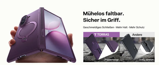 Violette Galaxy-Z-Fold-Hülle mit Magnetring, darunter Vergleich zwischen unbeschädigter und beschädigter Hülle nach dem Falten