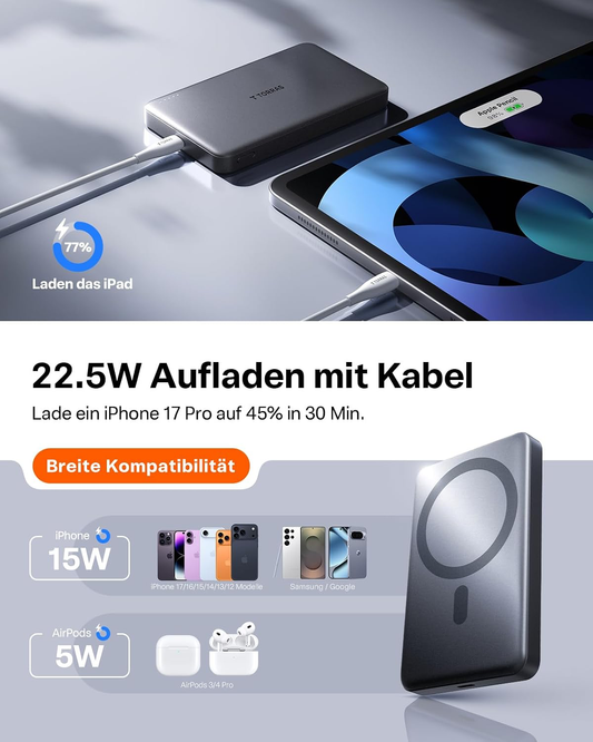 Torras Powerbank lädt das iPad mit 22,5W über Kabel und bietet 15W MagSafe für iPhones sowie 5W für AirPods