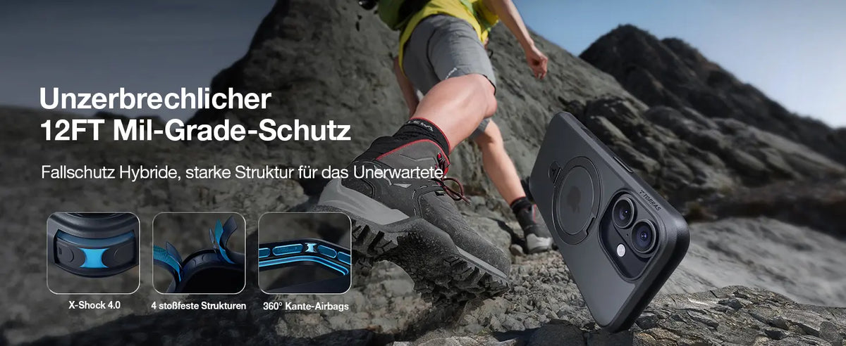 iPhone 15 Pro Schutzhülle mit 12FT Mil-Grade-Fallschutz beim Wandern auf felsigem Gelände