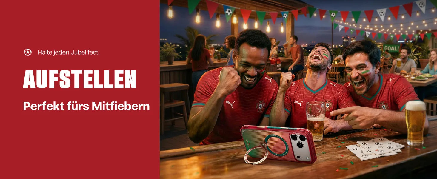 Fußballfans jubeln; ein Handy mit Torras MagSafe-Ringhalter steht auf dem Tresen