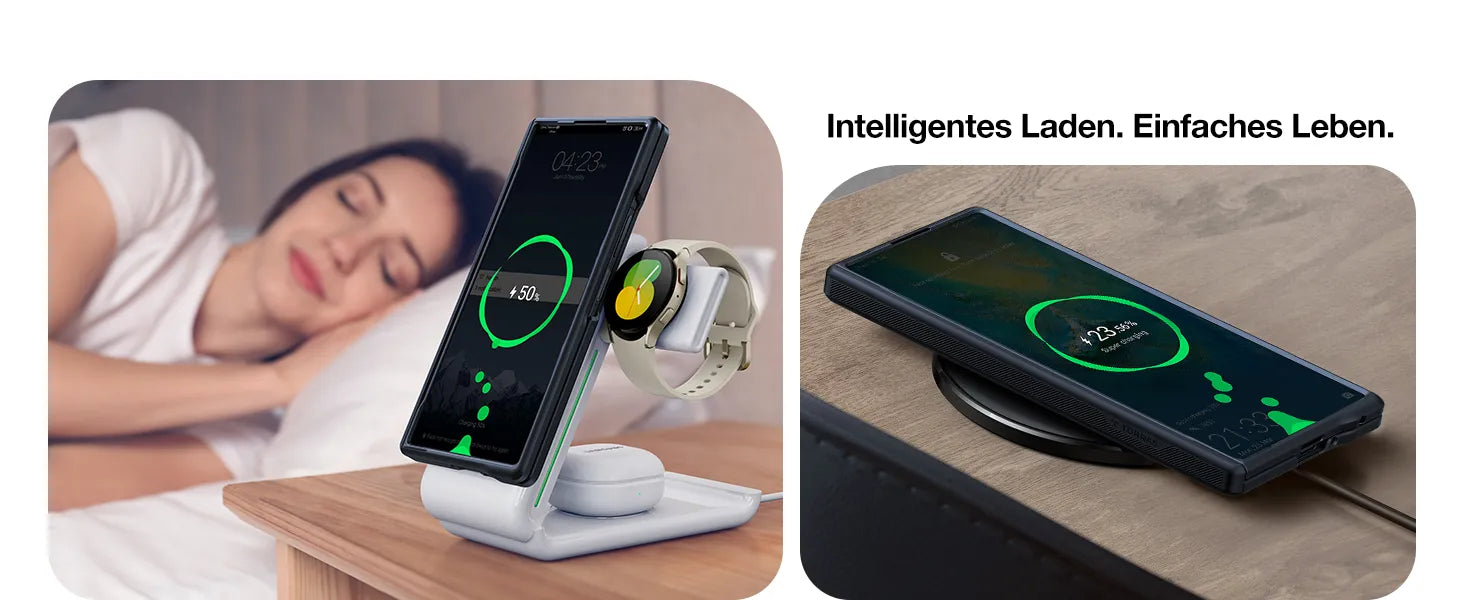 Torras Ladeständer mit Smartphone, Smartwatch und Ohrhörern auf dem Nachttisch; Handy auf magnetischem Pad.