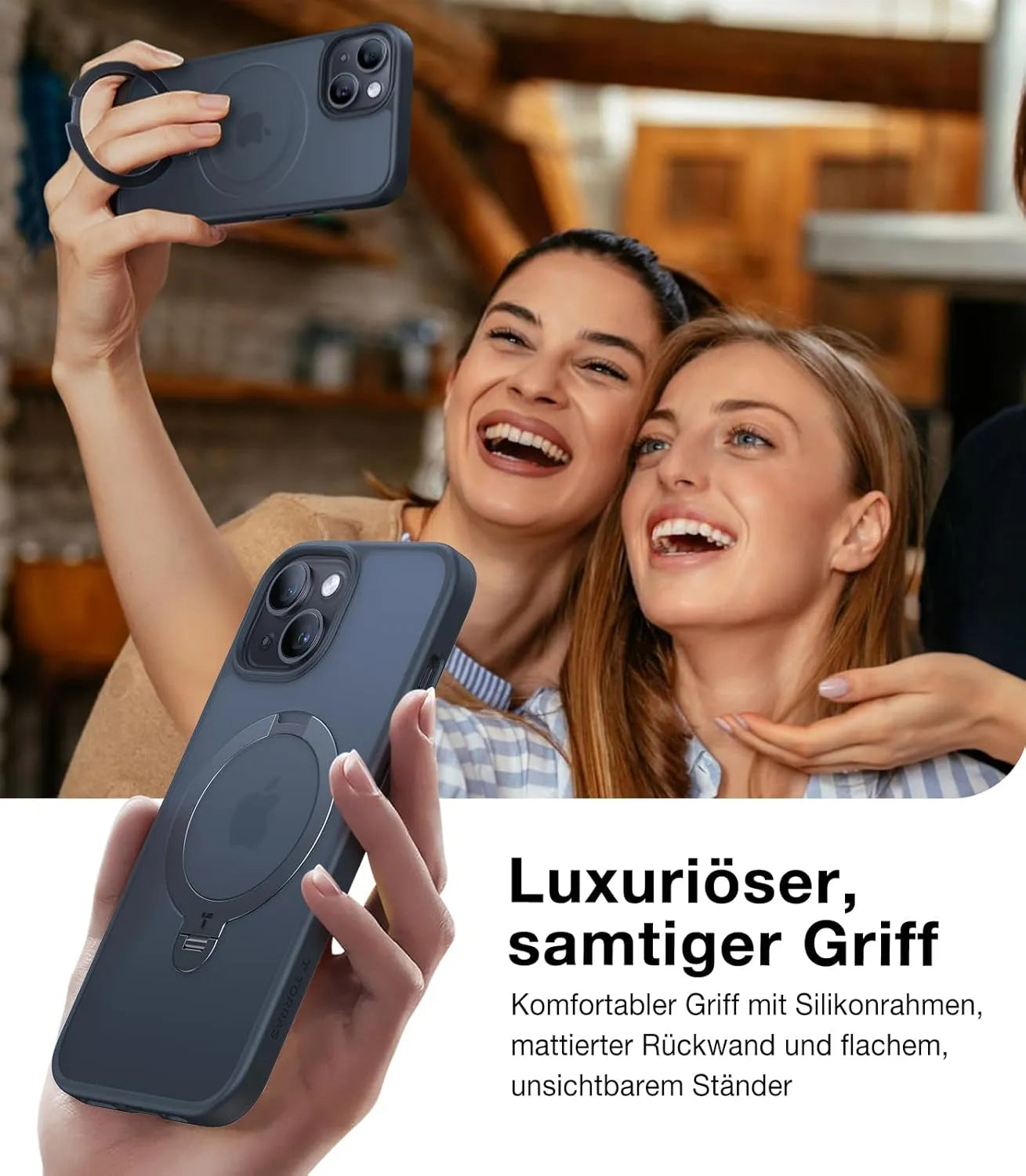 Torras MagSafe-Hülle mit samtigem Griff und flachem unsichtbarem Ständer für fröhliche Selfies.