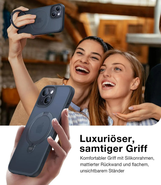 Torras MagSafe-Hülle mit samtigem Griff und flachem unsichtbarem Ständer für fröhliche Selfies.