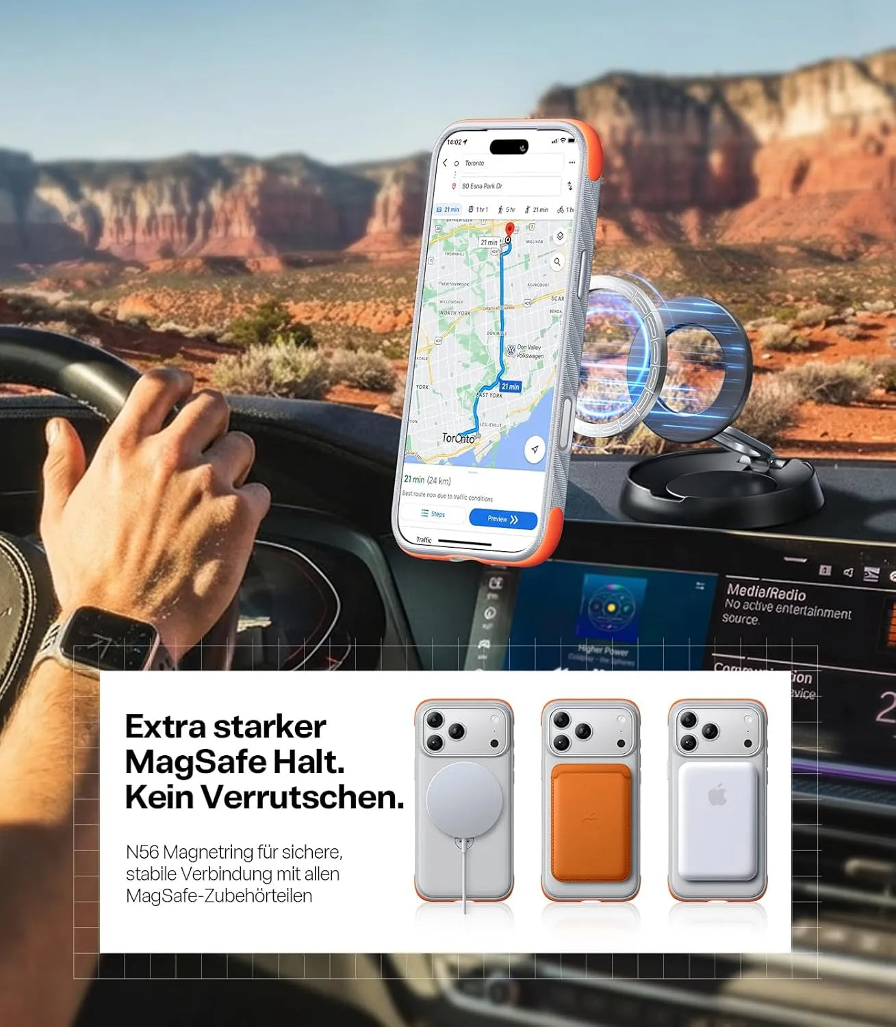 Handy in Torras MagSafe-Hülle als Navi an magnetischer Autohalterung befestigt
