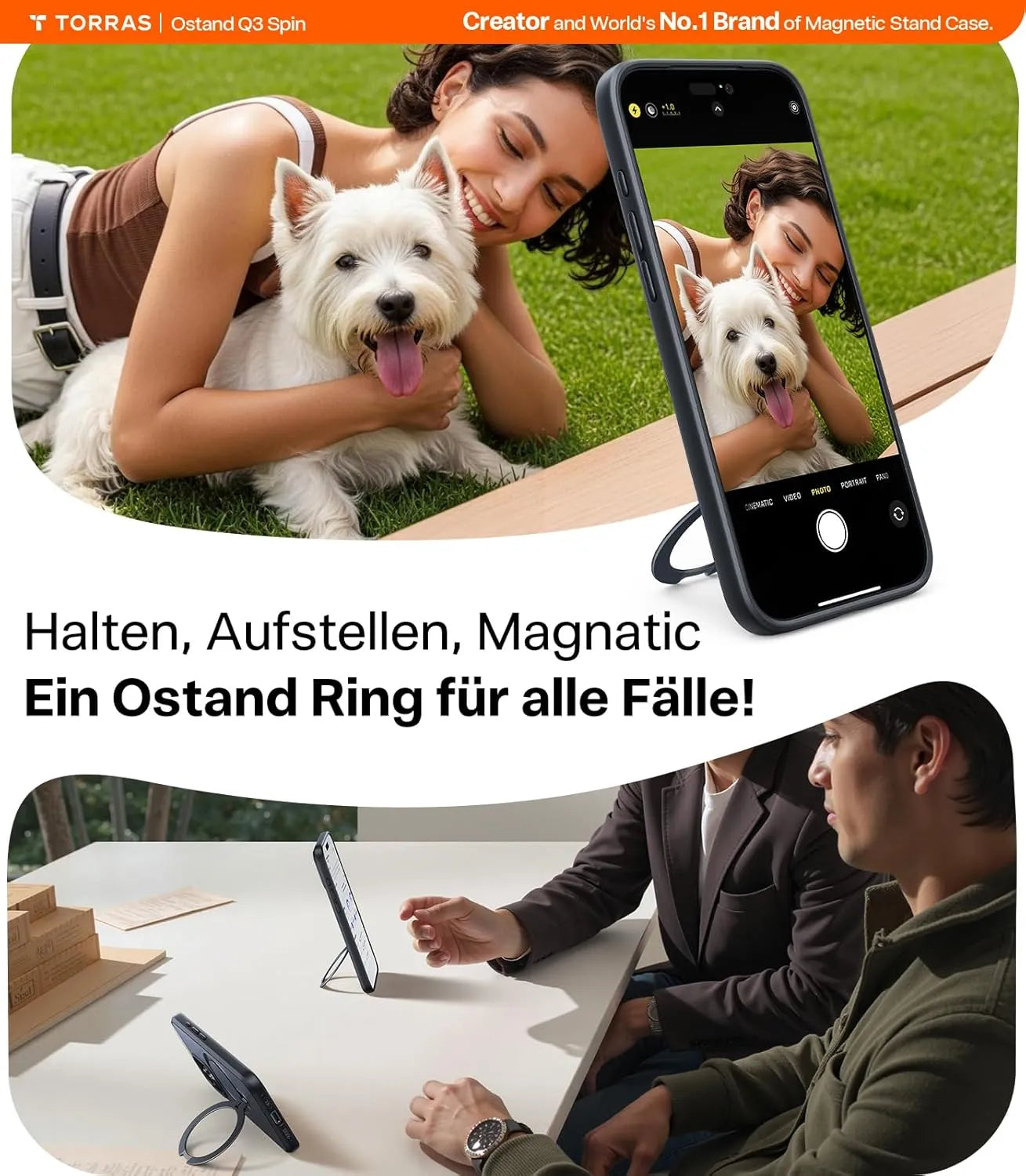 Torras Ostand Q3 Spin mit Magnetic Ring hält und stellt das iPhone für Selfies und Meetings auf.