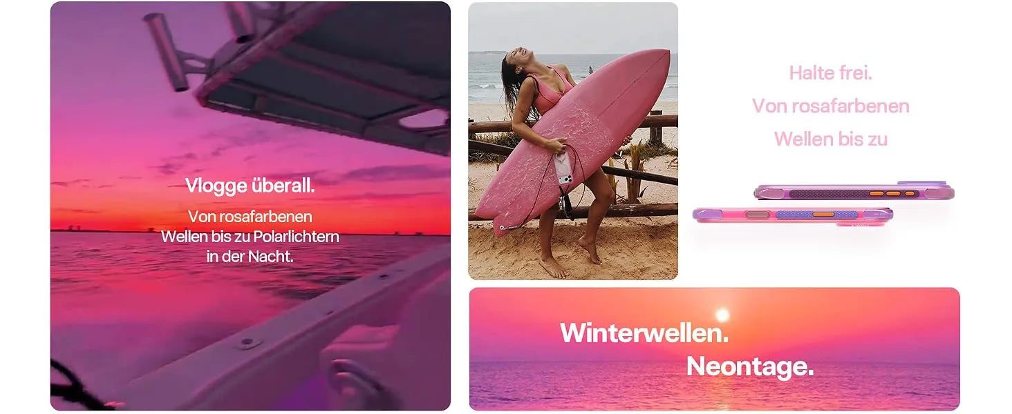 Surferin am Strand mit rosa Torras Handyhülle zum Umhängen vor Sonnenuntergang am Meer