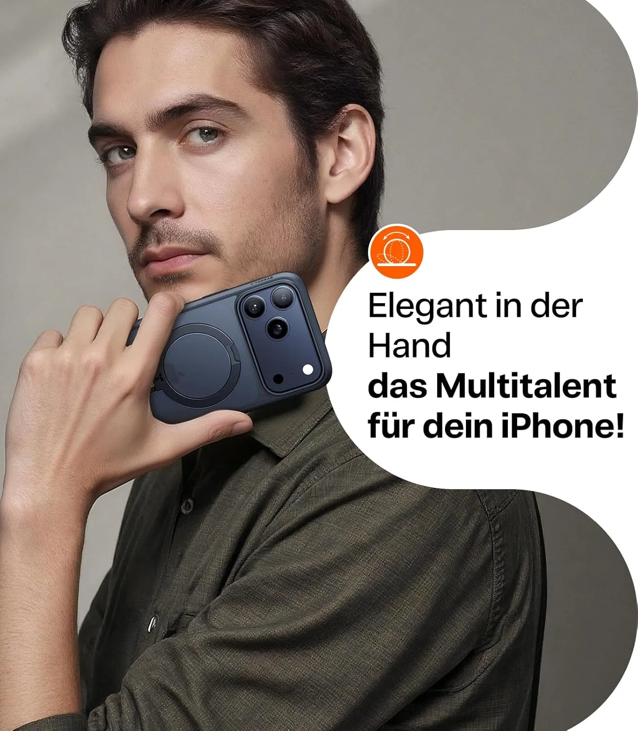 Mann hält iPhone sicher in einer dunklen Torras Schutzhülle mit integriertem Ringhalter