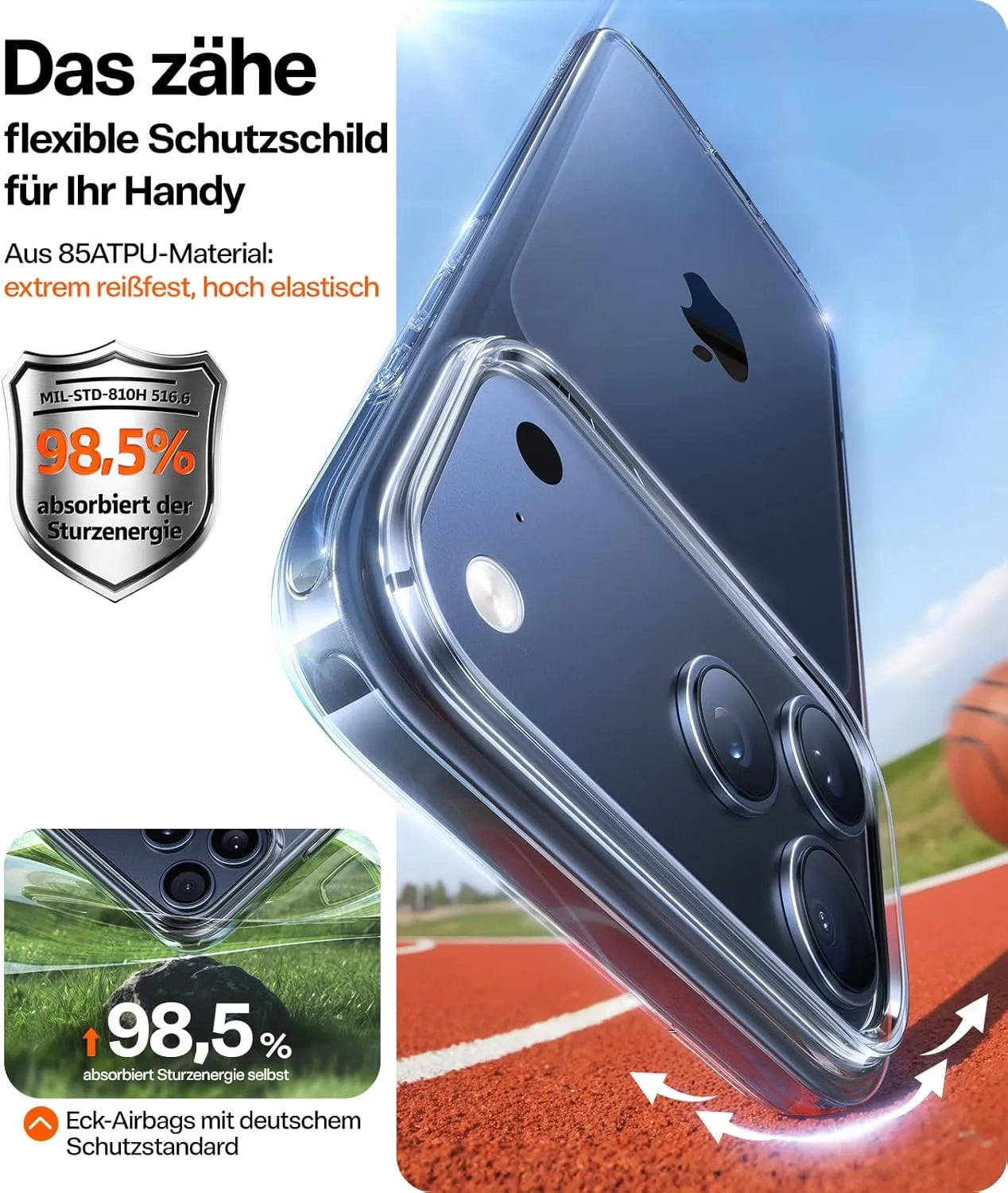 Torras flexible Schutzhülle aus 85A TPU umschließt das Smartphone und absorbiert 98,5% Sturzenergie mit Eck-Airbags
