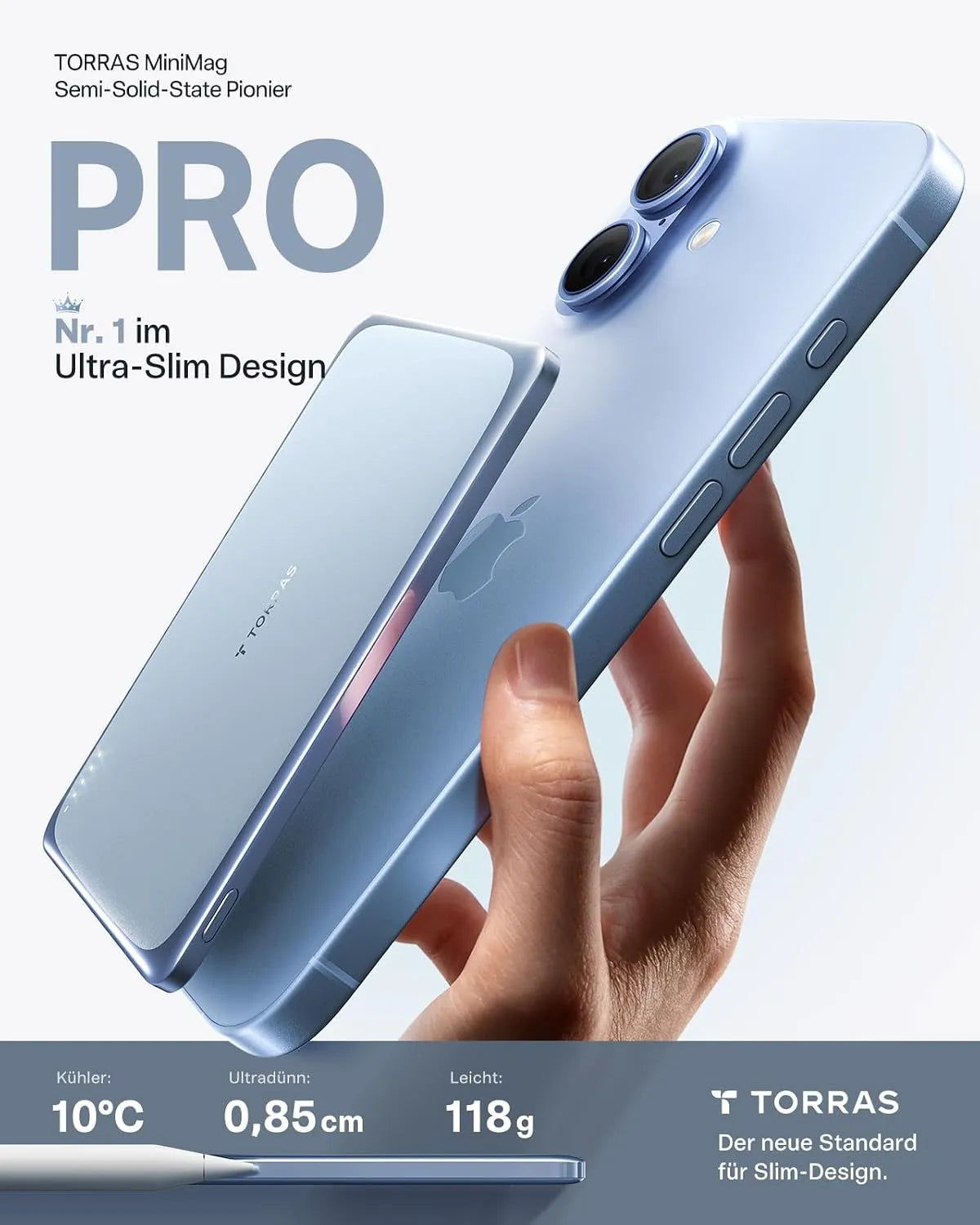 Torras MiniMag Pro Powerbank haftet magnetisch am iPhone, ultradünn 0,85 cm und nur 118 g.