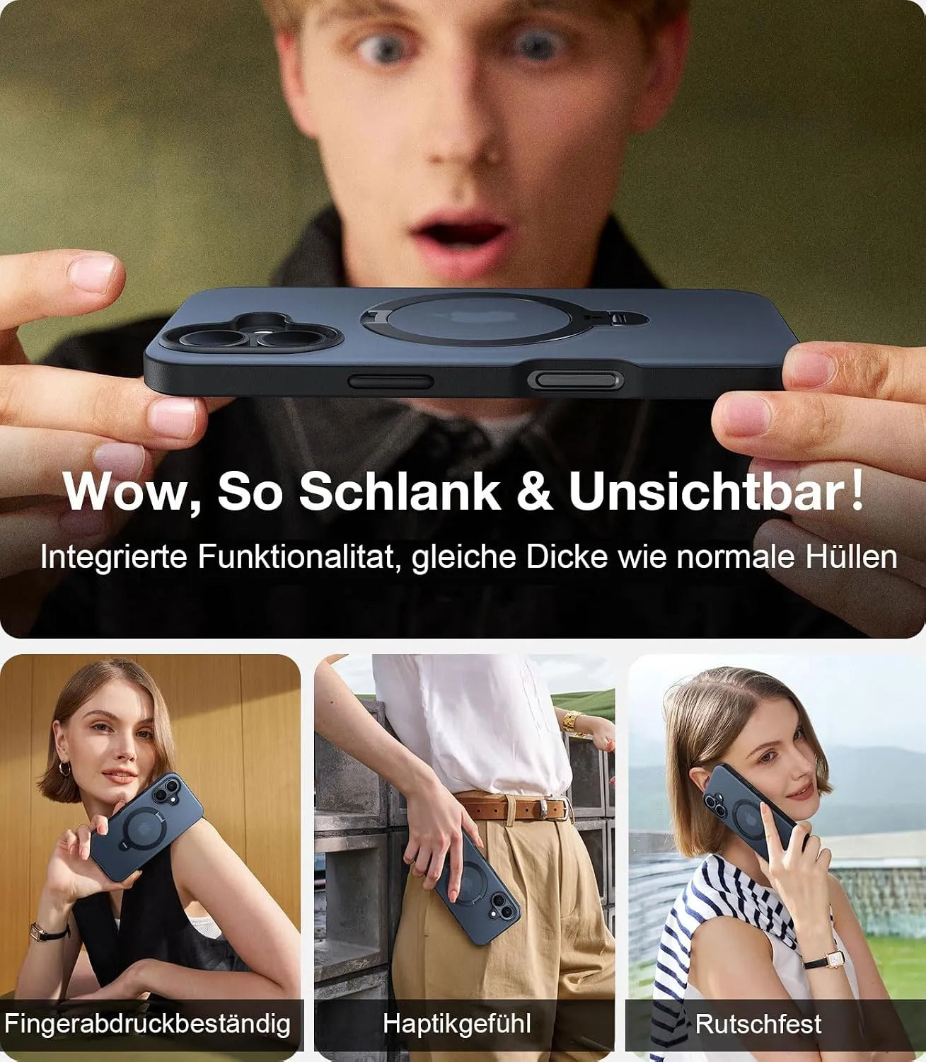 Torras unsichtbar schlanke Hülle mit MagSafe-Ring und Ständer für rutschfesten haptischen Griff.