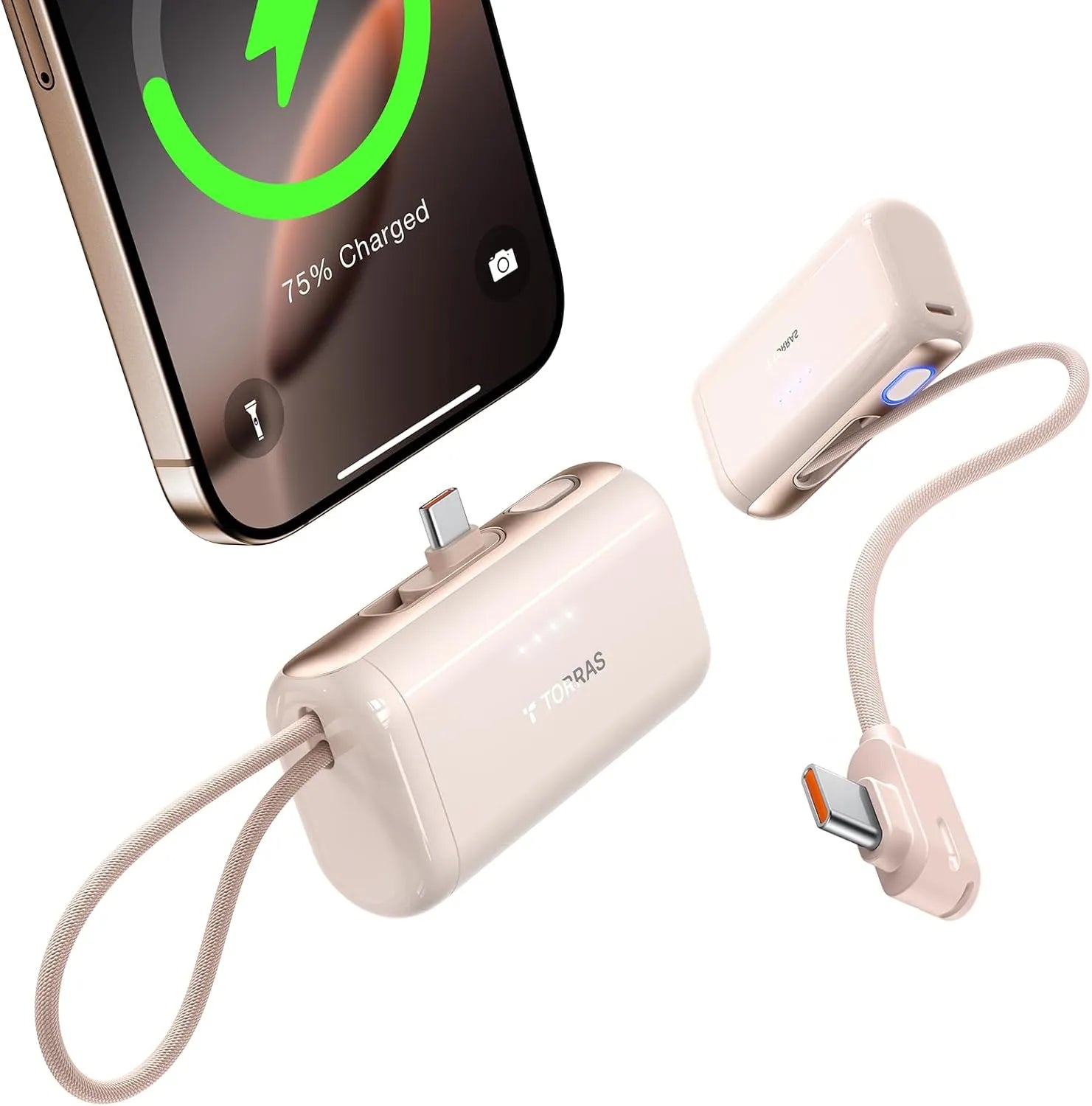 Torras Powerbank mit integriertem USB-C-Kabel lädt das iPhone auf 75 %.