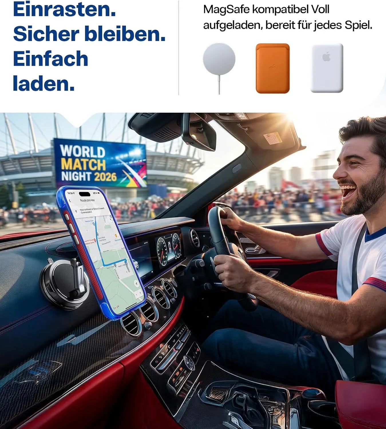 Fahrer im Cabrio nutzt Handy in blauer Torras MagSafe-Hülle an magnetischer Autohalterung
