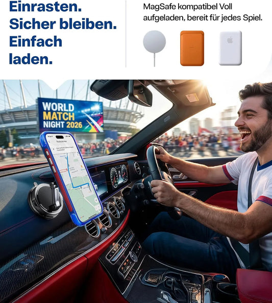 Fahrer im Cabrio nutzt Handy in blauer Torras MagSafe-Hülle an magnetischer Autohalterung