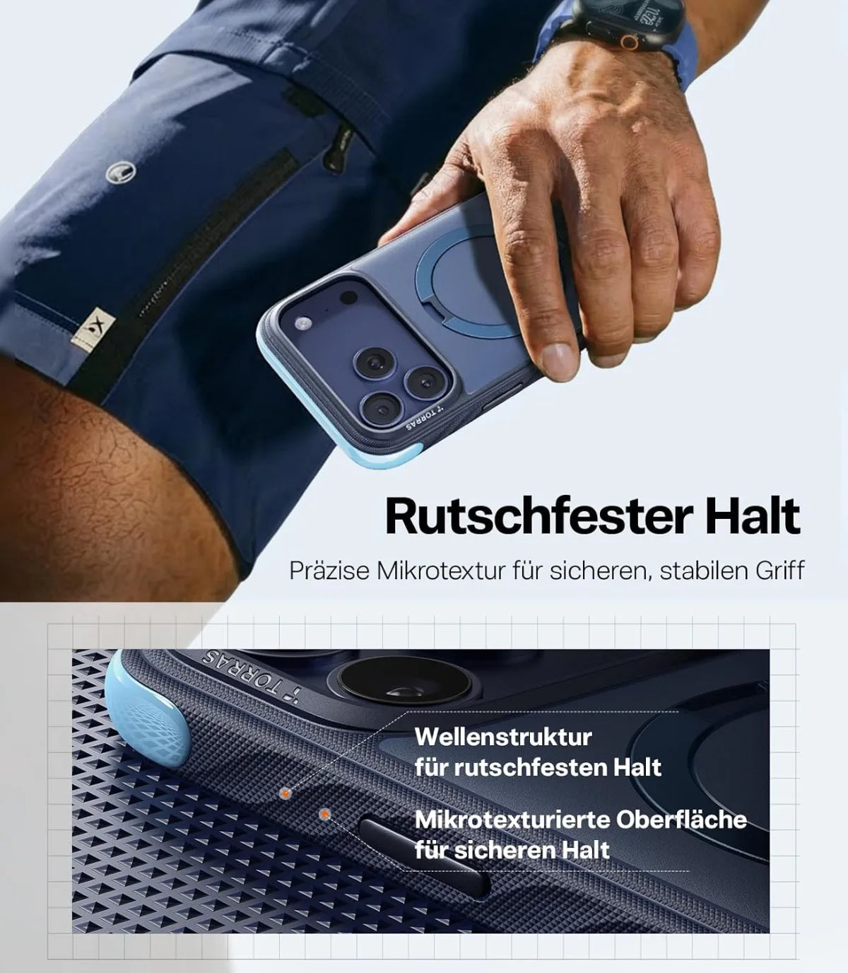 Hand hält eine iPhone-Hülle mit Wellenstruktur, darunter Detailaufnahme der mikrotexturierten Oberfläche für rutschfesten Halt