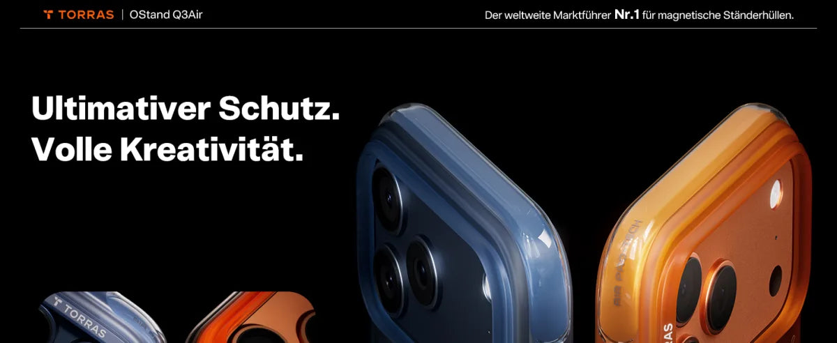 Zwei magnetische Ständerhüllen in Blau und Orange vor dunklem Hintergrund mit dem Schriftzug Ostand Q3Air