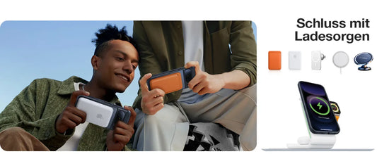 Zwei Personen nutzen Pixel-Smartphones mit magnetischer Hülle, daneben MagSafe-kompatible Ladegeräte in Orange, Weiß und Schwarz