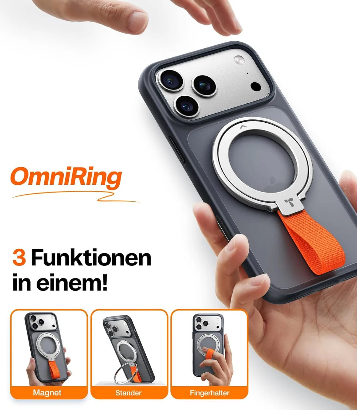 Hand hält ein Smartphone mit silbernem magnetischem Ringhalter und oranger Schlaufe, daneben Symbole für Magnet, Ständer und Fingerhalter