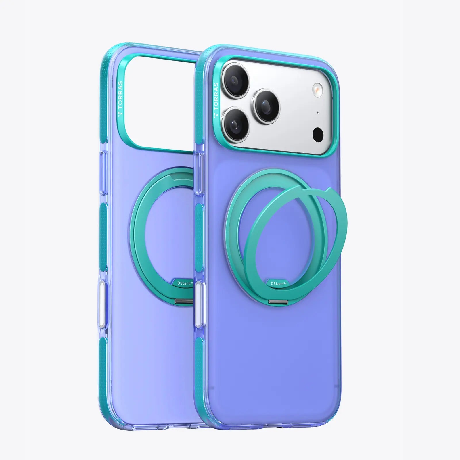 Ostand O3 Hue transparent purple iPhone 17 Pro Max case with turquoise accents and ring stand.
