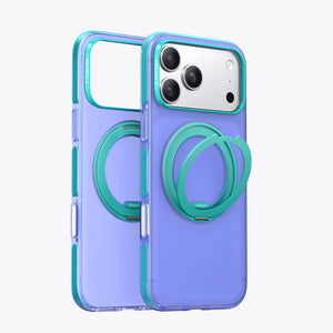 Ostand O3 Hue transparent purple iPhone 17 Pro Max case with turquoise accents and ring stand.