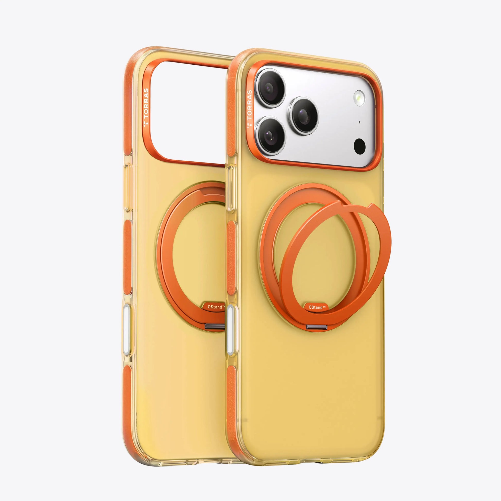 TORRAS Ostand O3 Hue case for iPhone 17 Pro Max, clear yellow with orange bumper & ring stand.