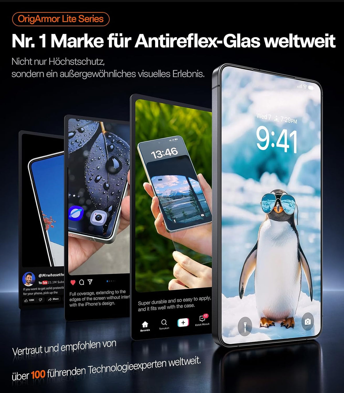 OrigArmor Lite Serie: Antireflexglas mit klarer Bilddarstellung auf mehreren Smartphones