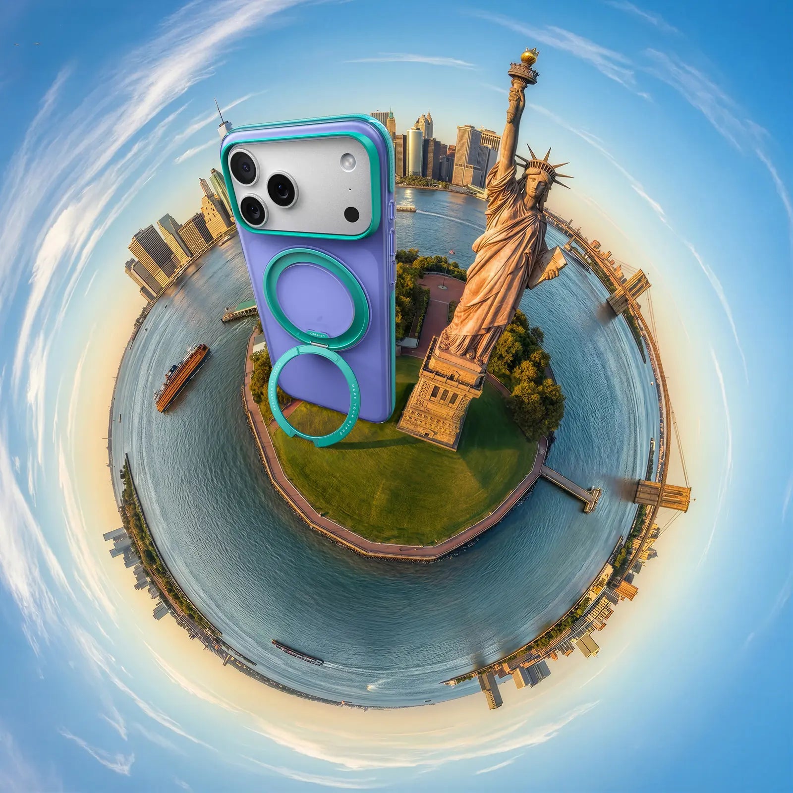 Ostand O3 Hue purple iPhone 17 Pro Max case, teal trim, ring stand with 'MAKE YOUR STAND' text. NYC panorama.