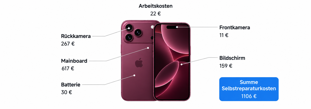 Beispielhafte Reparaturkosten für die abgebildeten Smartphone-Komponenten.