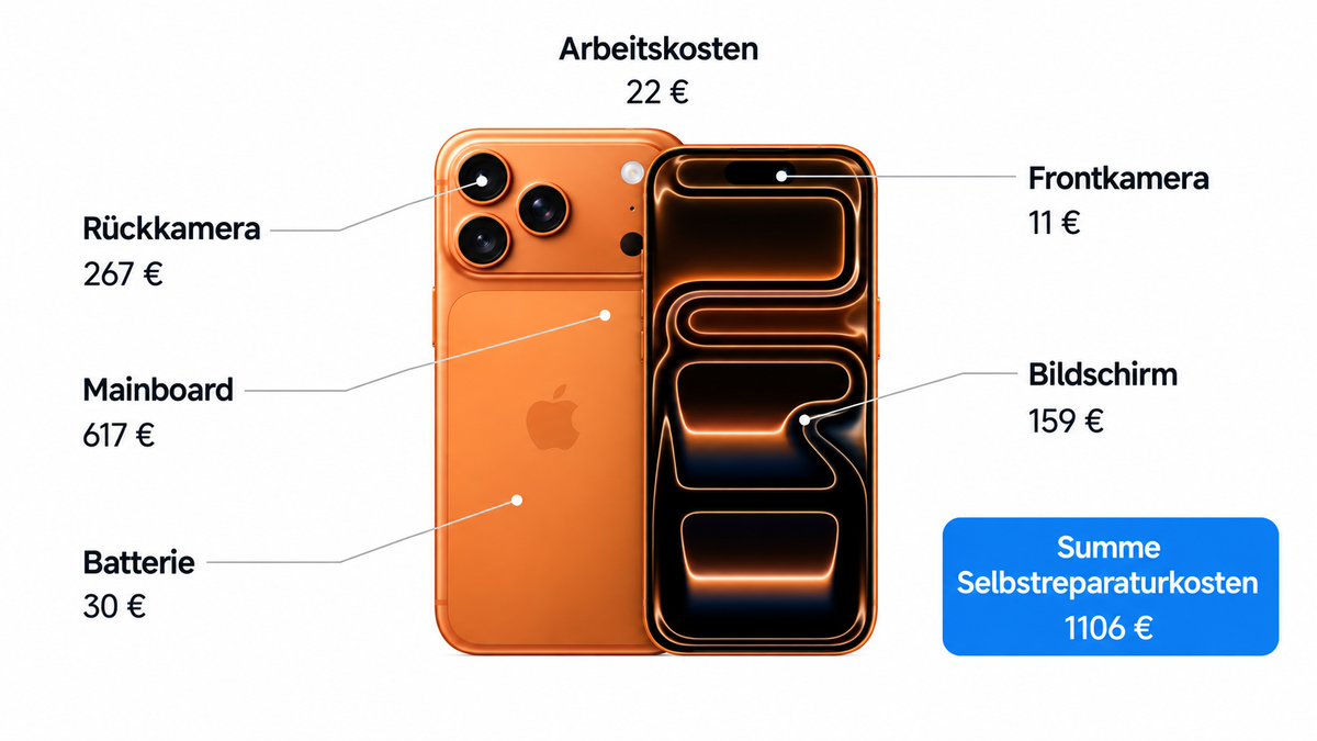 Beispielhafte Reparaturkosten für die abgebildeten Smartphone-Komponenten.