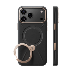TORRAS Ostand Q3 VegSkin case for iPhone 18 Pro/Pro Max in graphite with a gold ring stand
